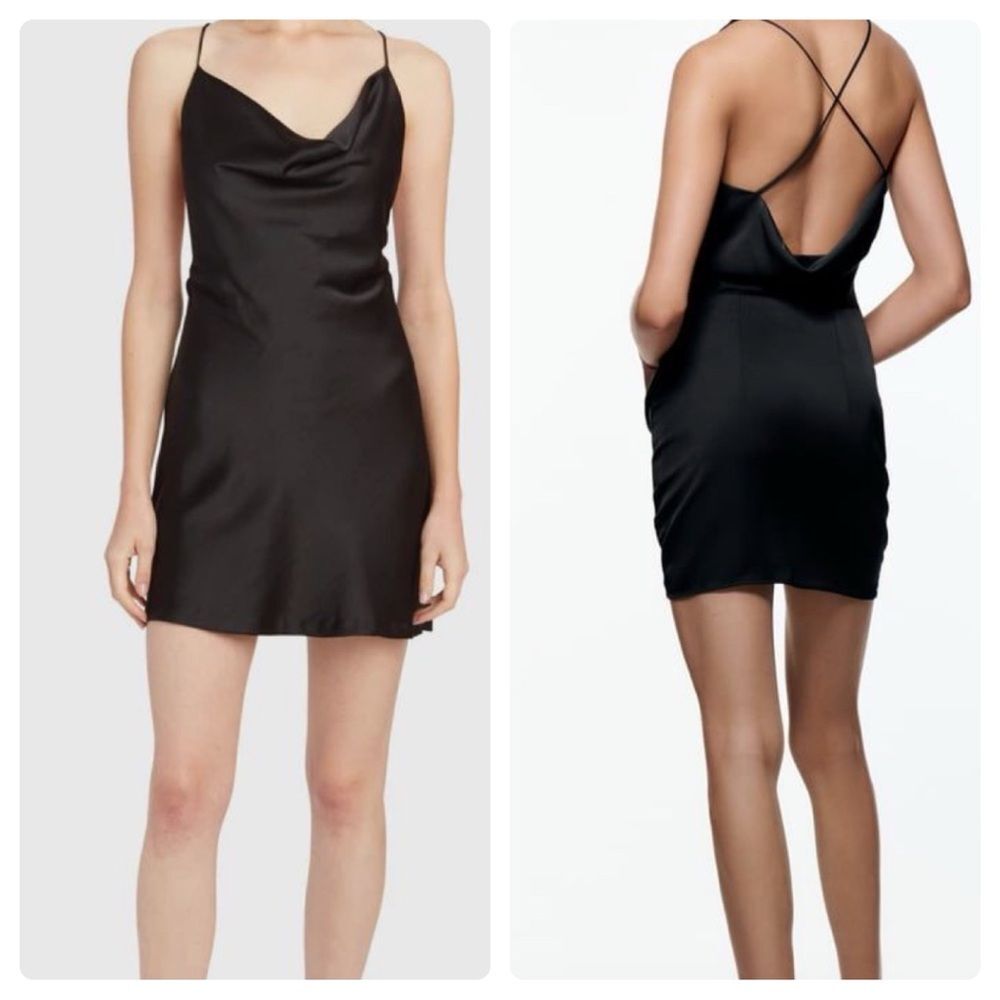 H&M black cowl neck cross drape back satin dress size medium